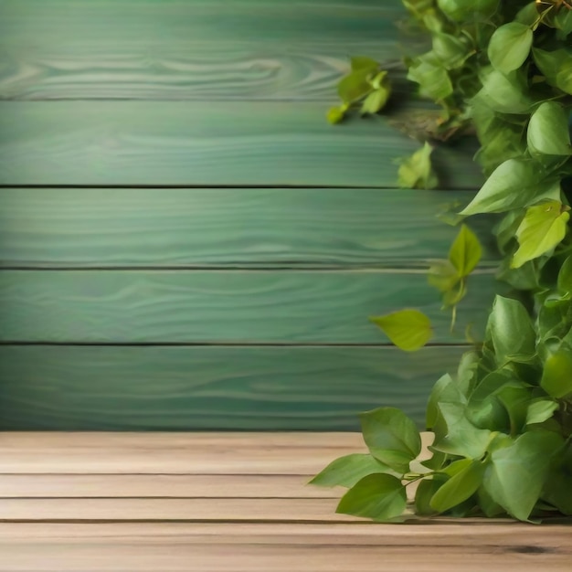 mesa de madera con hojas verdes de primavera como marco y espacio libre para el texto
