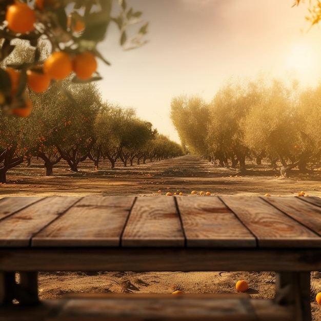 Una mesa de madera en un huerto con naranjas en el suelo.