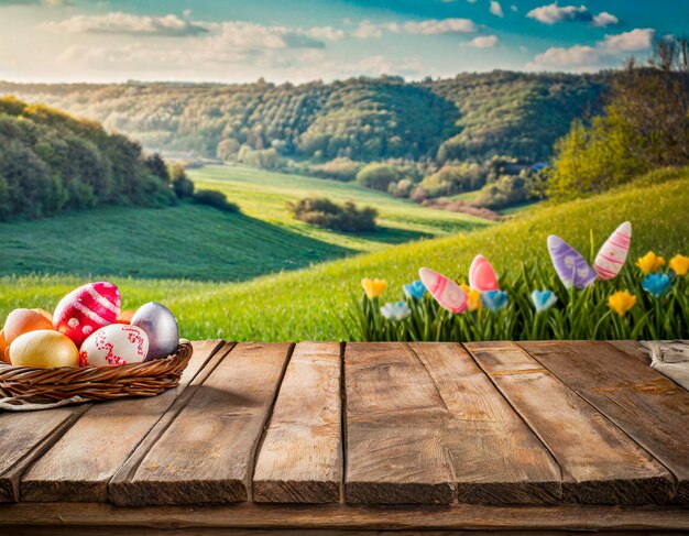 Mesa de madera con huevos de Pascua y fondo borroso de prado de primavera