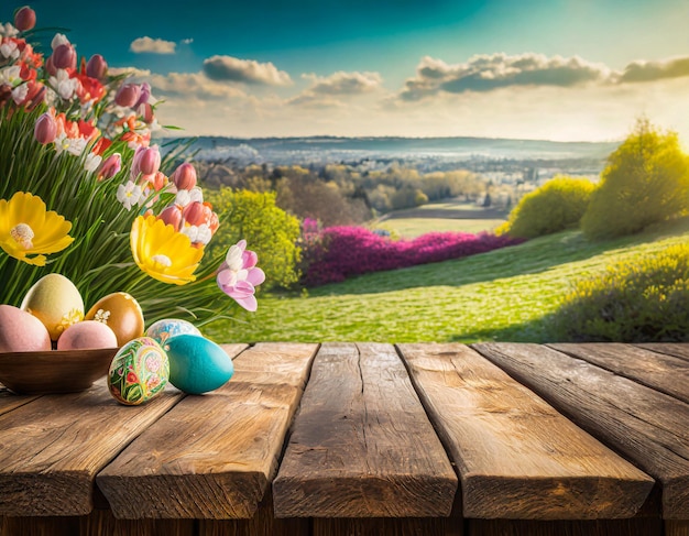 Mesa de madera con huevos de Pascua y fondo borroso de prado de primavera