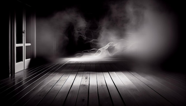 Mesa de madera con humo y fondos negros.