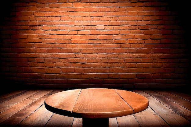 Mesa de madera iluminada contra una pared de ladrillo rojo IA generativa IA generativa