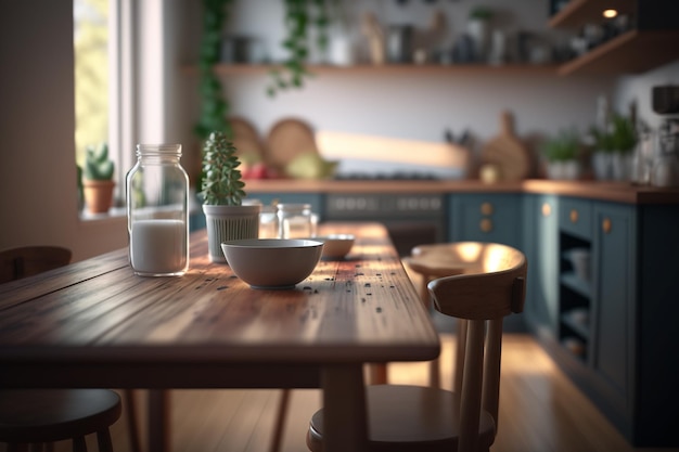 Foto la mesa de madera de la isla con el interior de la cocina borrosa por la mañana