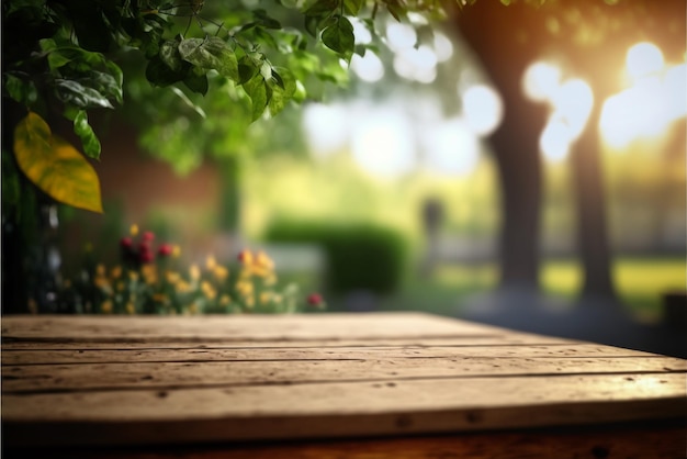 mesa de madera con un jardín desenfocado en el fondo