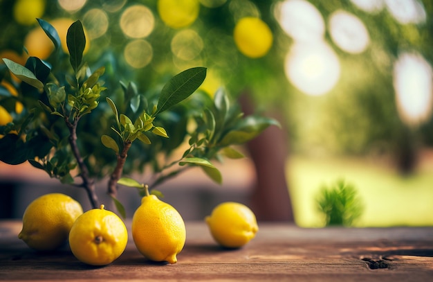 Mesa de madera jardín de limones y fondo borroso AI generativa