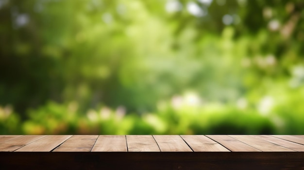 Mesa de madera y jardín de naturaleza verde borroso