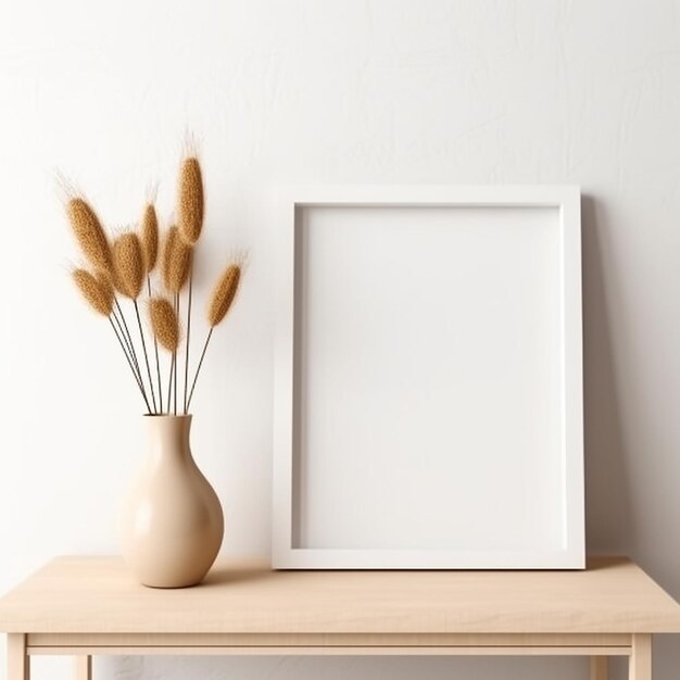 una mesa de madera con un jarrón con flores y una imagen de una planta en él