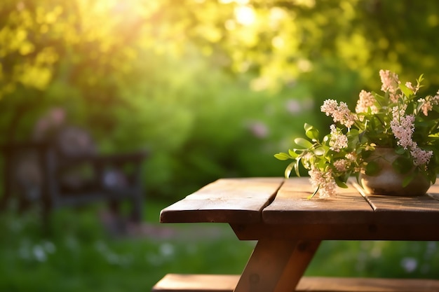 Mesa de madera con un jarrón de flores.