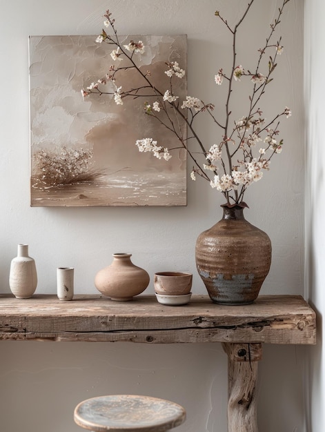 Mesa de madera con jarrones y pinturas