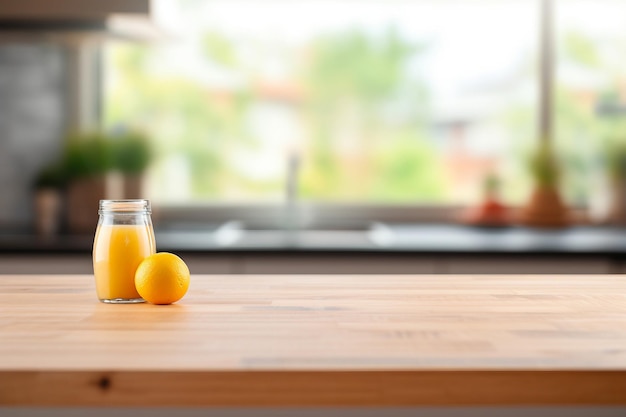 Una mesa de madera con jugo de naranja.