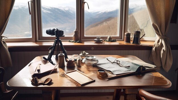 Una mesa de madera junto a la ventana generativa ai.