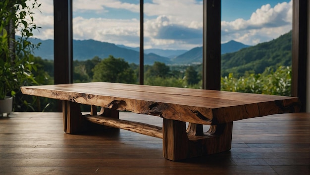 Foto mesa de madera junto a la ventana