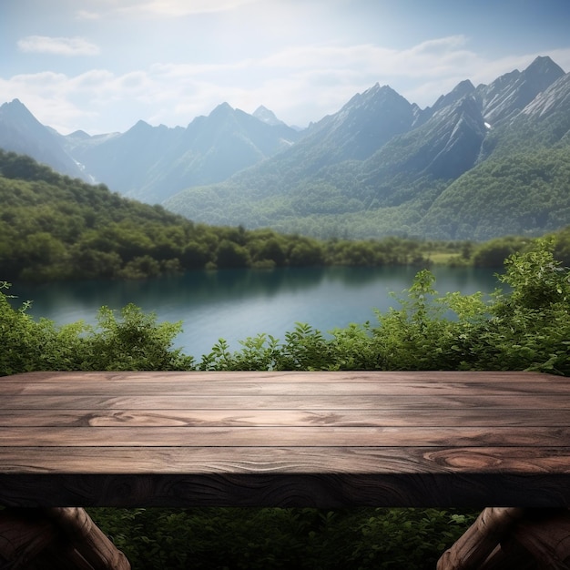 Foto mesa de madera con un lago y un fondo de montaña