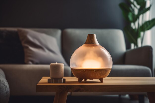 Una mesa de madera con una lámpara.