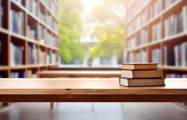 Mesa de madera con libro en fondo borroso de biblioteca con estantería