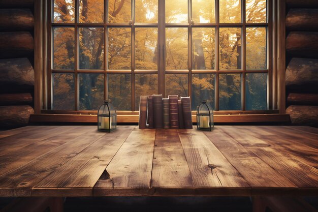 Mesa de madera y libros al fondo de una ventana en una casa de troncos