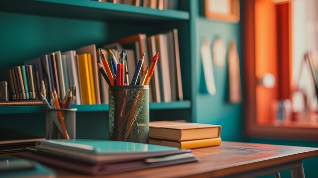 Mesa de madera con libros y un jarrón de lápices De vuelta a la escuela