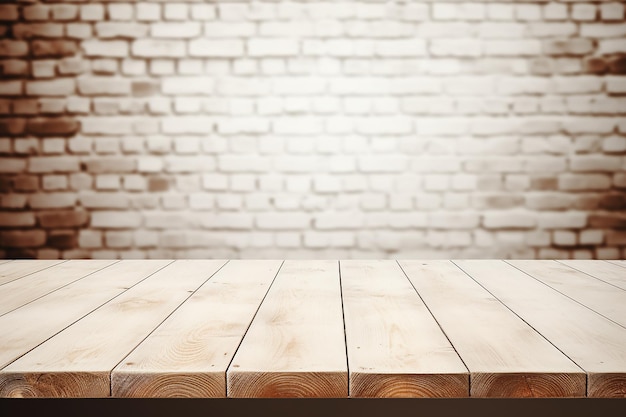 Foto mesa de madera de lienzo en blanco en una pared de ladrillo blanco