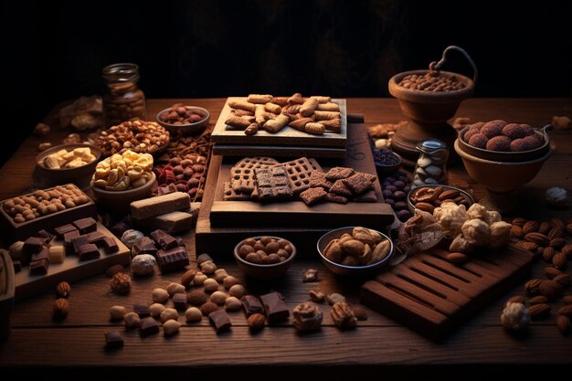 Foto mesa de madera llena de una variedad de chocolates