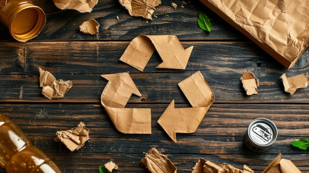 En una mesa de madera con el logotipo de reciclaje formado por artículos reciclables en la parte superior