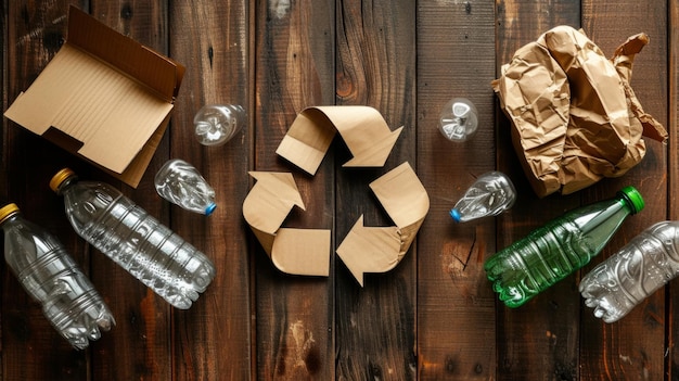 En una mesa de madera con el logotipo de reciclaje formado por artículos reciclables en la parte superior