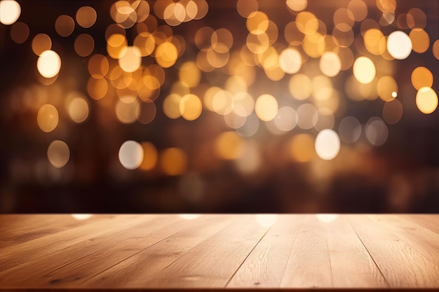 Mesa de madera con luces bokeh en el fondo creada con tecnología de IA generativa