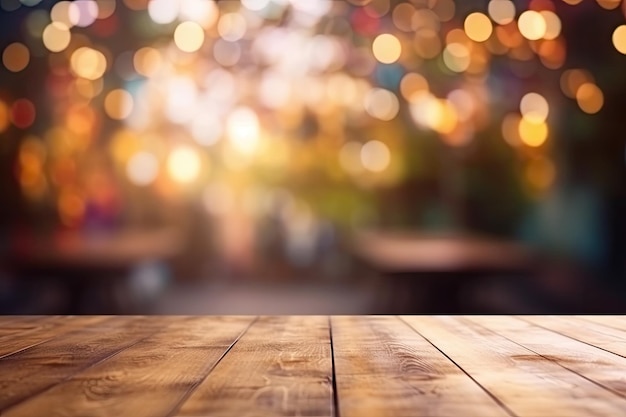 Mesa de madera con luces bokeh de fondo IA generativa