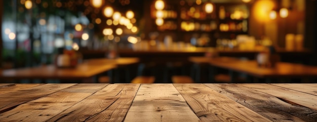 Mesa de madera con luces borrosas en el fondo