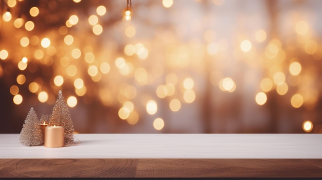 Mesa de madera con luces navideñas borroneadas en el fondo y espacio para copiar