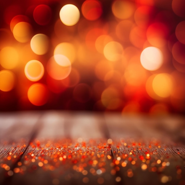 Una mesa de madera con luces rojas de fondo.