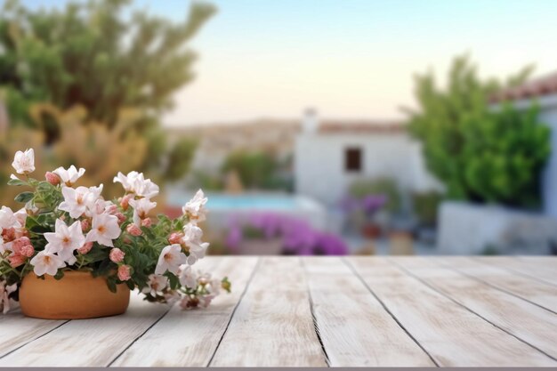 Foto una mesa de madera con una maceta de flores encima.