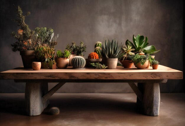 Una mesa de madera con macetas, cactus y suculentas.