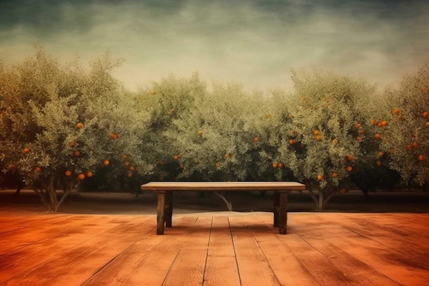 Mesa de madera y mandarinas en el fondo del bosque.