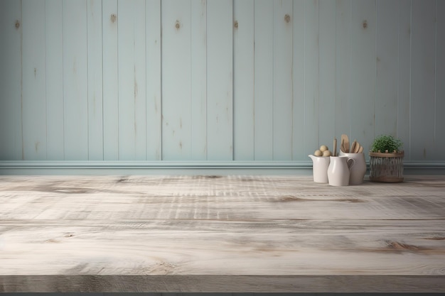 Una mesa de madera con un mantel azul y un contenedor blanco de especias.