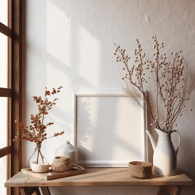 Una mesa de madera con un marco blanco y un jarrón con flores secas.