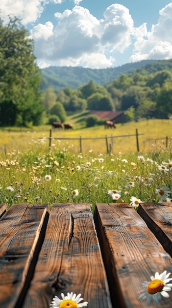 Mesa de madera con margaritas en el campo