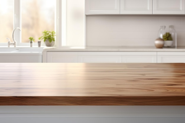 Mesa de madera marrón con bokeh en el interior de la cocina moderna perfecta para la colocación de productos