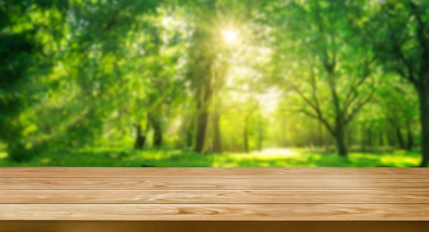 Mesa de madera marrón en fondo verde borroso de la naturaleza