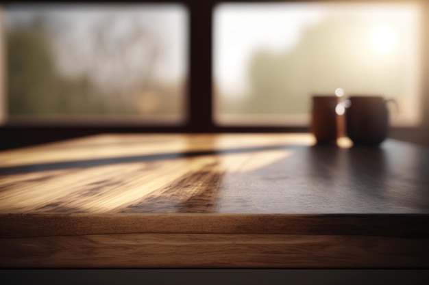 Mesa de madera marrón o tapa vacía con interior borroso con ventana y luz
