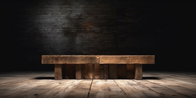 Mesa de madera marrón sobre fondo oscuro exhibición de productos copia espacio AI generado