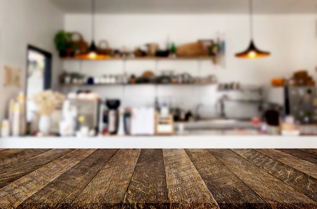 Foto mesa de madera marrón vacía y cafetería