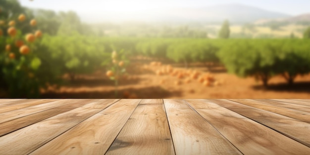 La mesa de madera marrón vacía con el fondo borroso de la granja exuberante