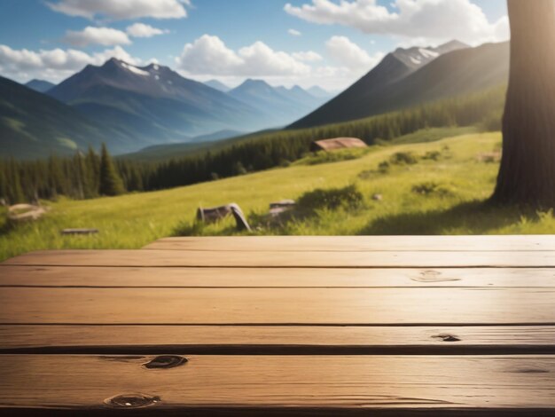 Foto la mesa de madera marrón vacía con el fondo borroso del paisaje natural de noruega imagen exuberante