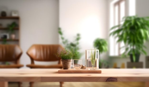 Mesa de madera marrón vacía con planta decorativa para montaje de exhibición de productos con ai generativo interior de sala de estar borrosa