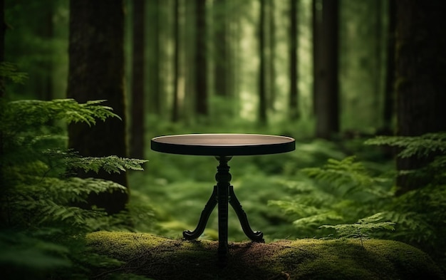 Una mesa de madera en medio del verde bosque