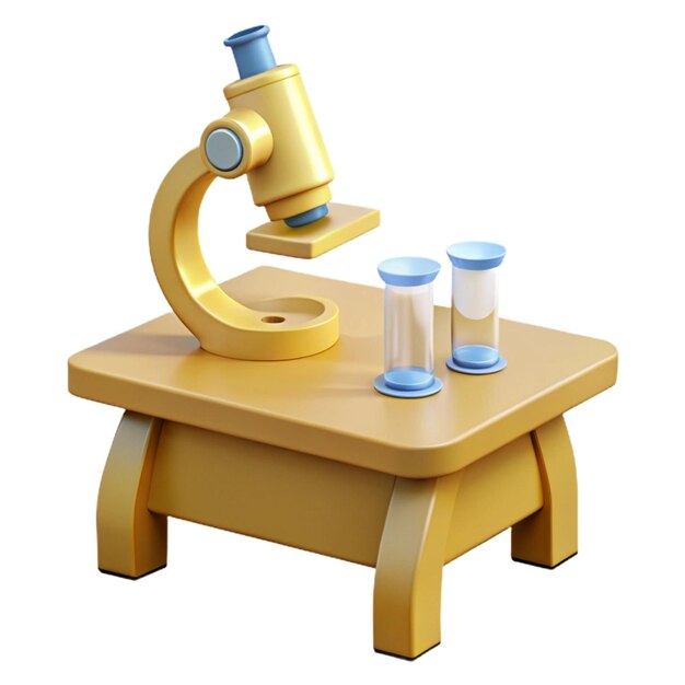 una mesa de madera con un microscopio y una botella de líquido en ella