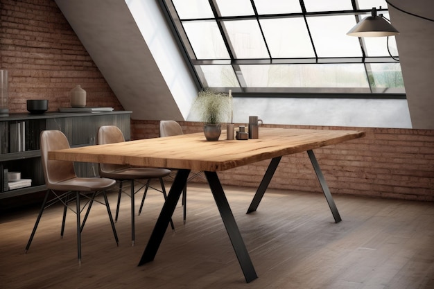 Una mesa de madera minimalista con patas de metal en un espacio de loft