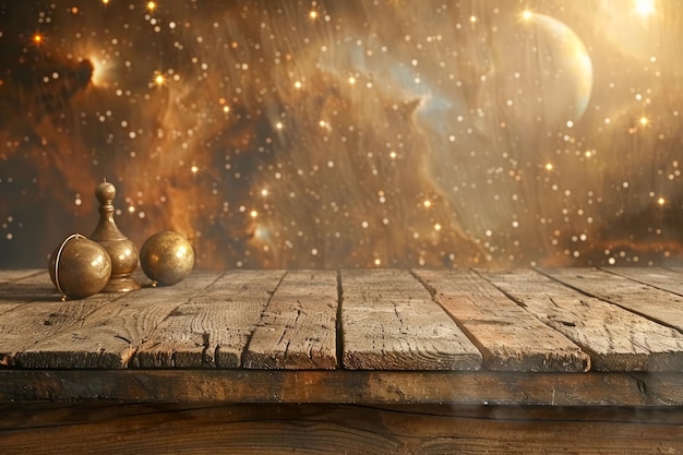 Mesa de madera mística con un telón de fondo celestial brillante y orbes etéreas en el espacio cósmico