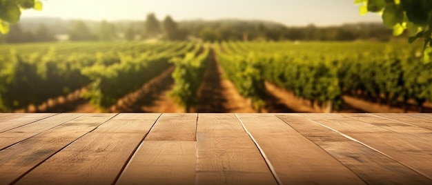 Mesa de madera moderna con el telón de fondo de una plantación de café durante la hora dorada realista