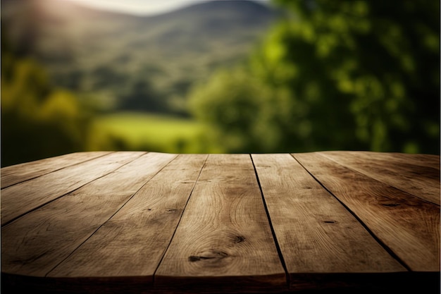 Una mesa de madera con una montaña al fondo.